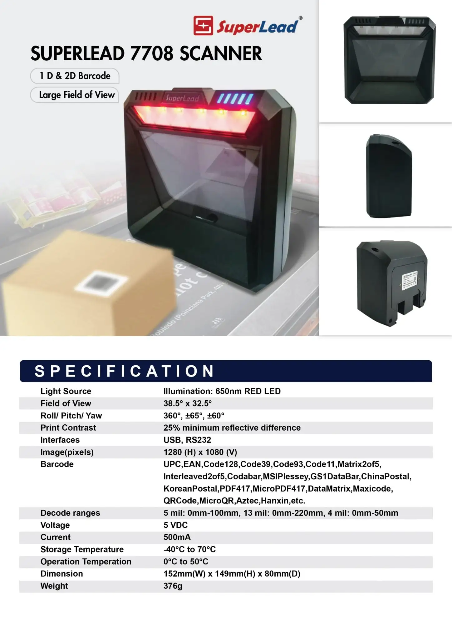 SuperLead 7708 scanner with specifications showing 1D & 2D barcode reading and large field view