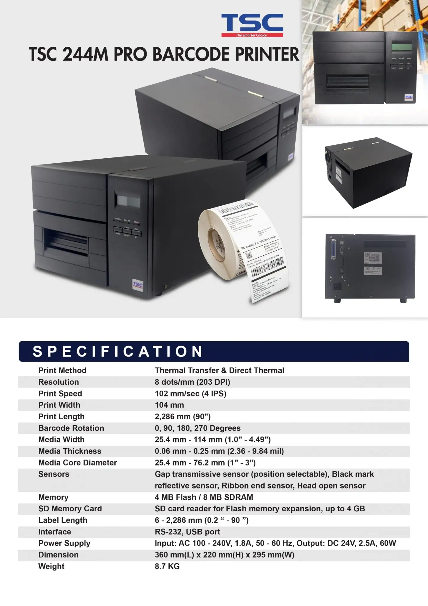 TSC 244M Pro barcode printer with specifications showing 203 DPI resolution and thermal transfer technology