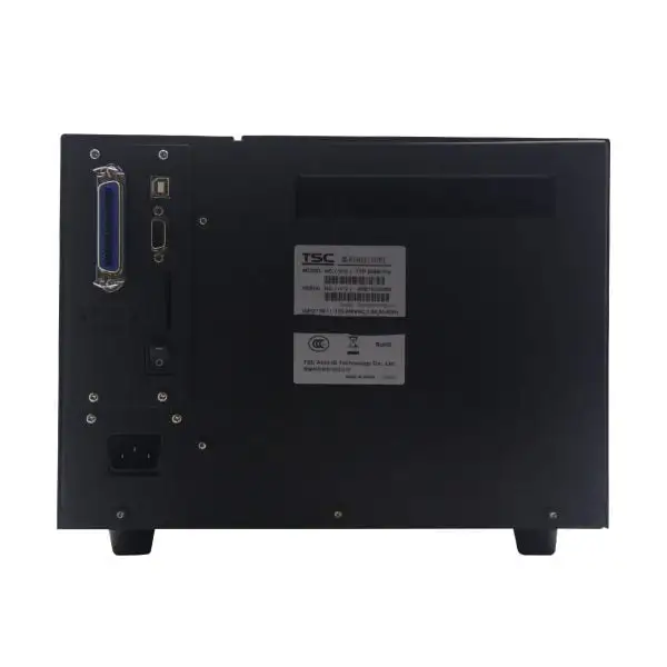 TSC244MPRO-Barcode-Printer3 Rear connectivity panel of TSC barcode printer showing serial ports and product specification labels