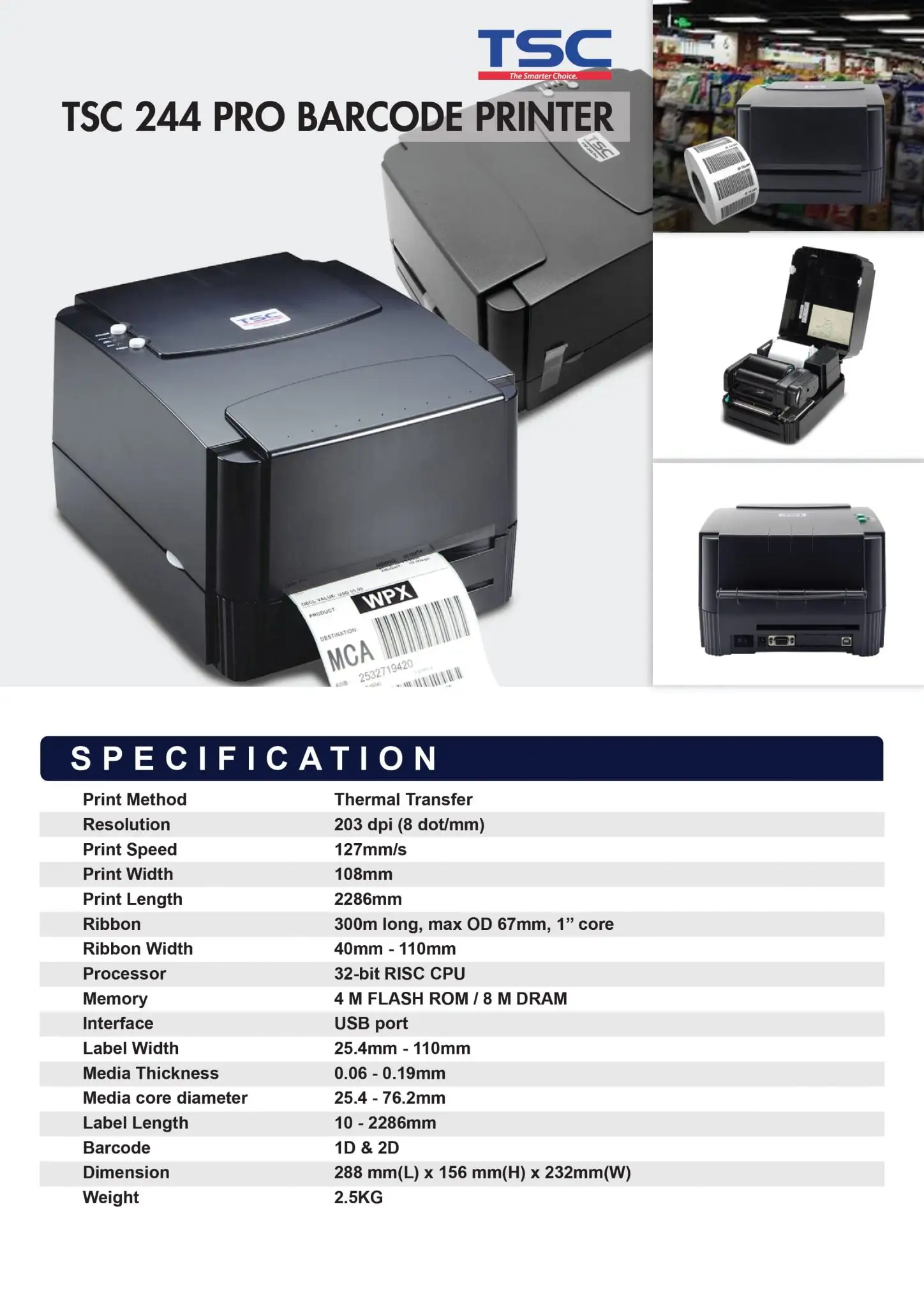 TSC 244 Pro barcode printer with specifications showing thermal transfer technology and 203 DPI resolution