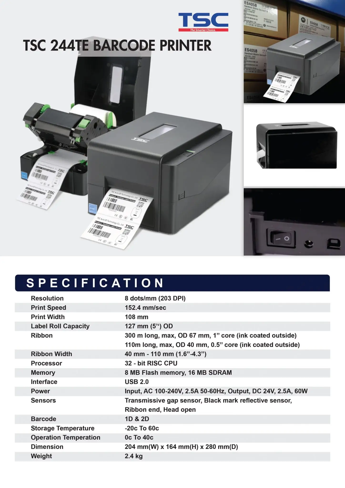 TSC 244TE barcode printer with specifications showing 203 DPI resolution and thermal transfer technology