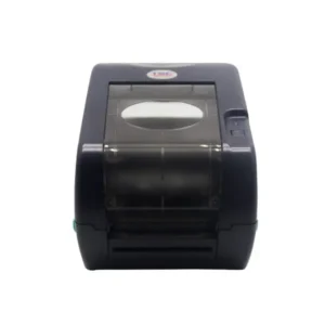 Front view TSC thermal barcode printer with transparent cover and professional black construction design