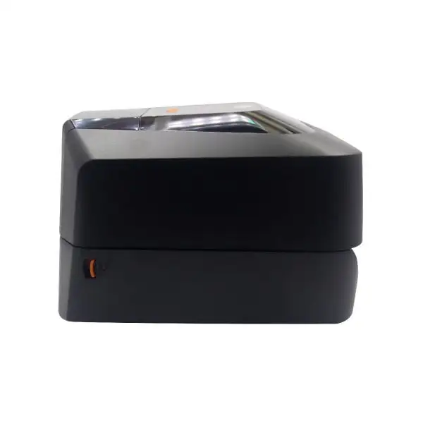 WINCODE-C342-Barcode-Printer3 Side profile of compact thermal printer showing minimalist black design and orange power indicator