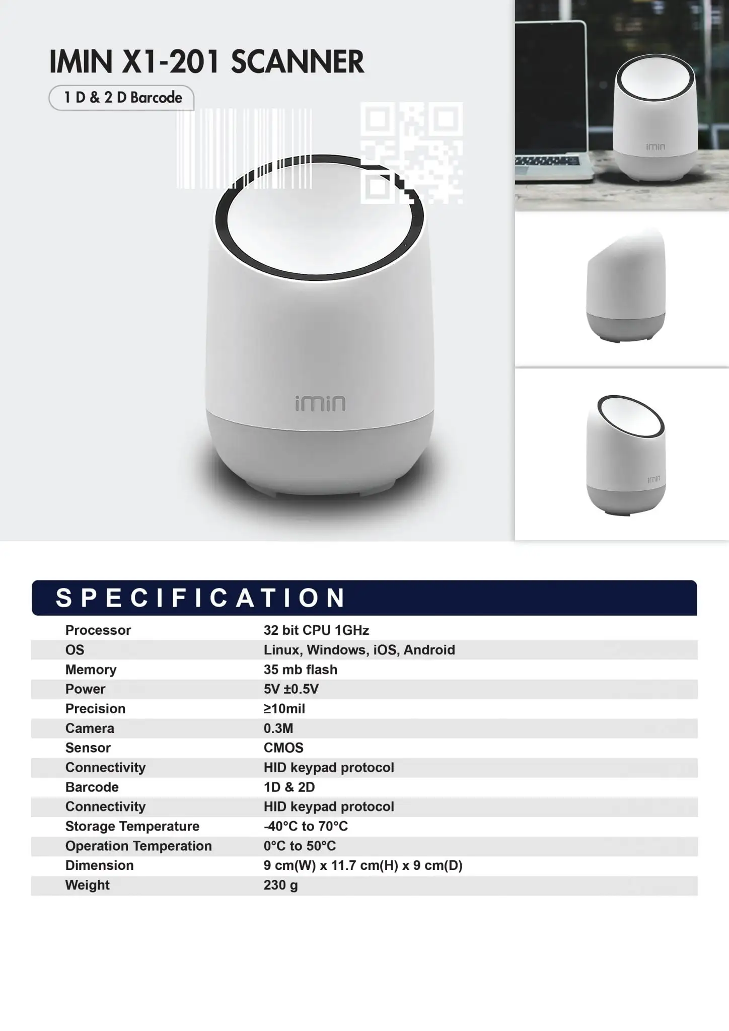 Imin X1-201 scanner with specifications showing 1D & 2D barcode reading and multi-platform compatibility