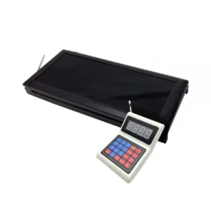 Restaurant paging transmitter unit with digital keypad featuring blue and red buttons and LCD number display