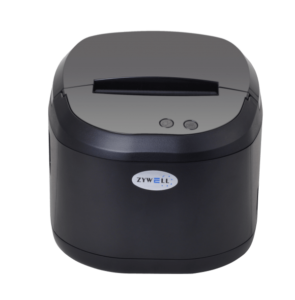 Modern thermal receipt printer displaying curved profile with ZYWELL branding and front control interface