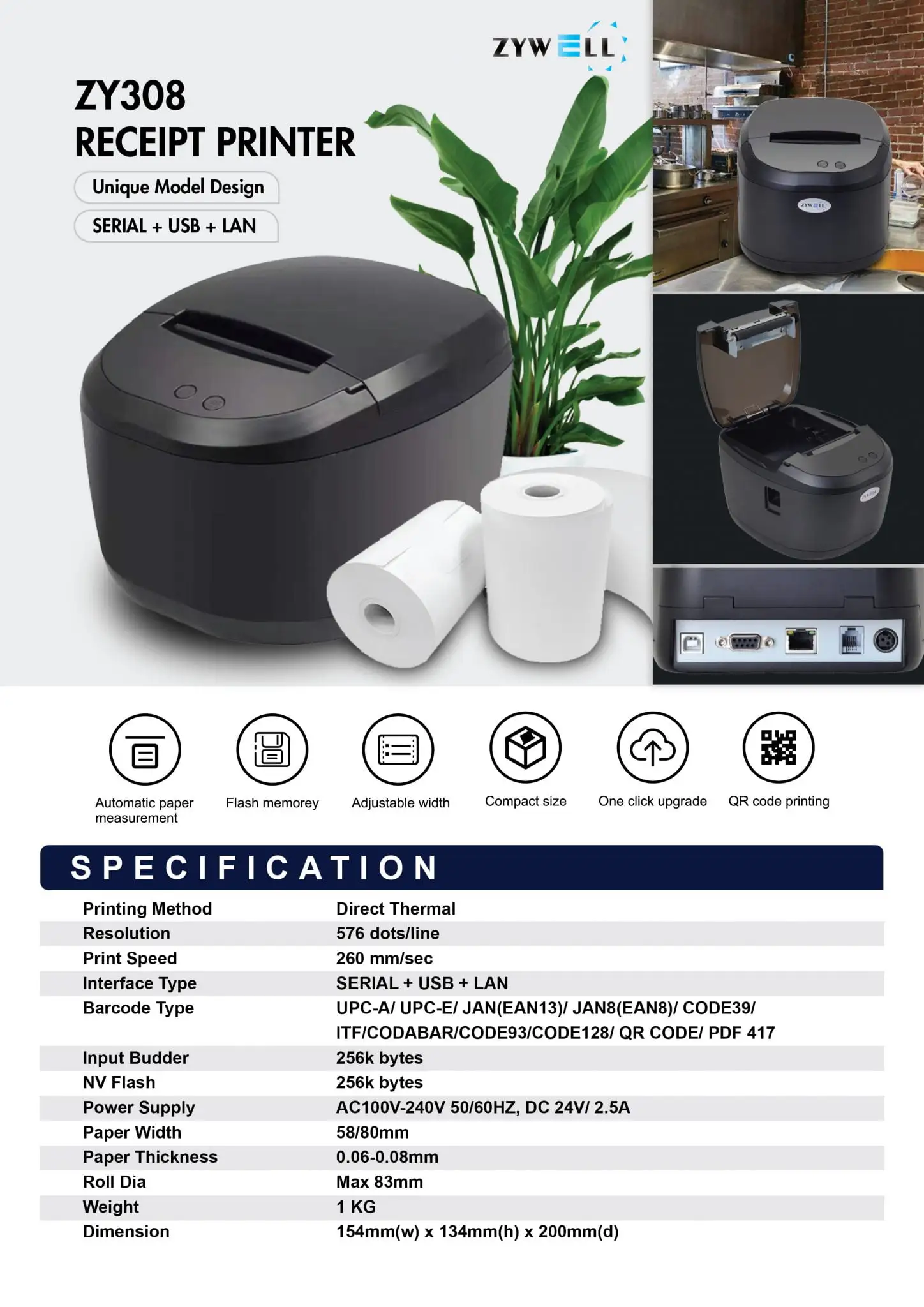 Advanced thermal receipt printer specification sheet displaying ZY308 model features including multiple connectivity options and technical details