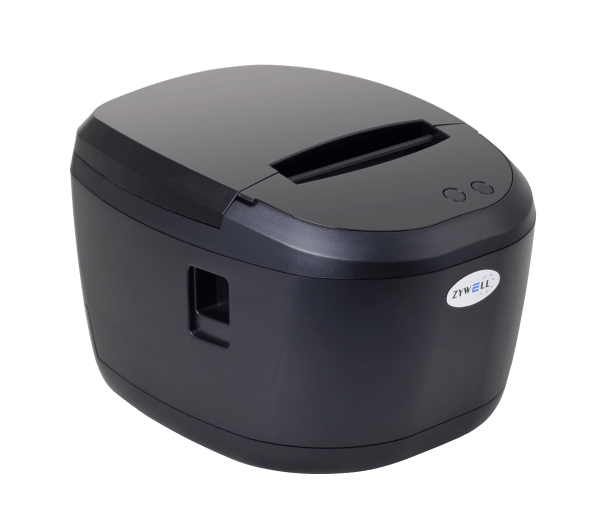 ZY308-Pos-Printer2 Black ZYWELL thermal receipt printer angled view showing paper loading slot and streamlined cylindrical design