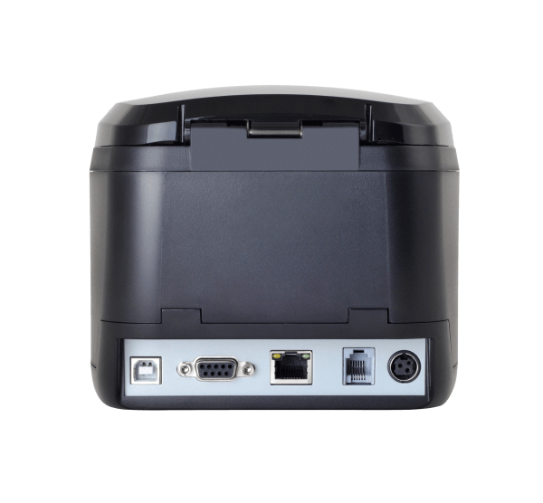 ZY308-Pos-Printer3 Black thermal receipt printer rear connectivity panel showing comprehensive ports for versatile POS system integration