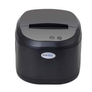 Professional thermal receipt printer displaying curved profile with ZYWELL branding and front control interface