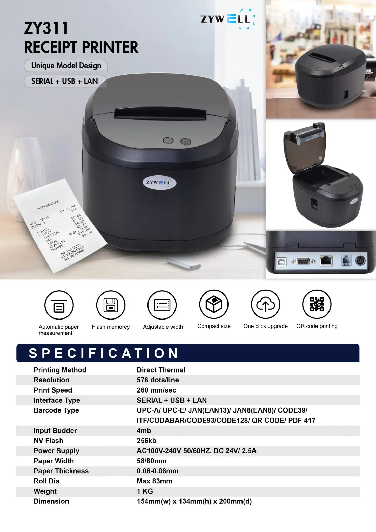 ZYWELL ZY311 receipt printer product catalog featuring unique design and multiple connectivity options with specifications