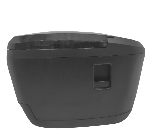 ZY311-Pos-Printer3 Black thermal receipt printer side view highlighting curved profile and paper loading mechanism
