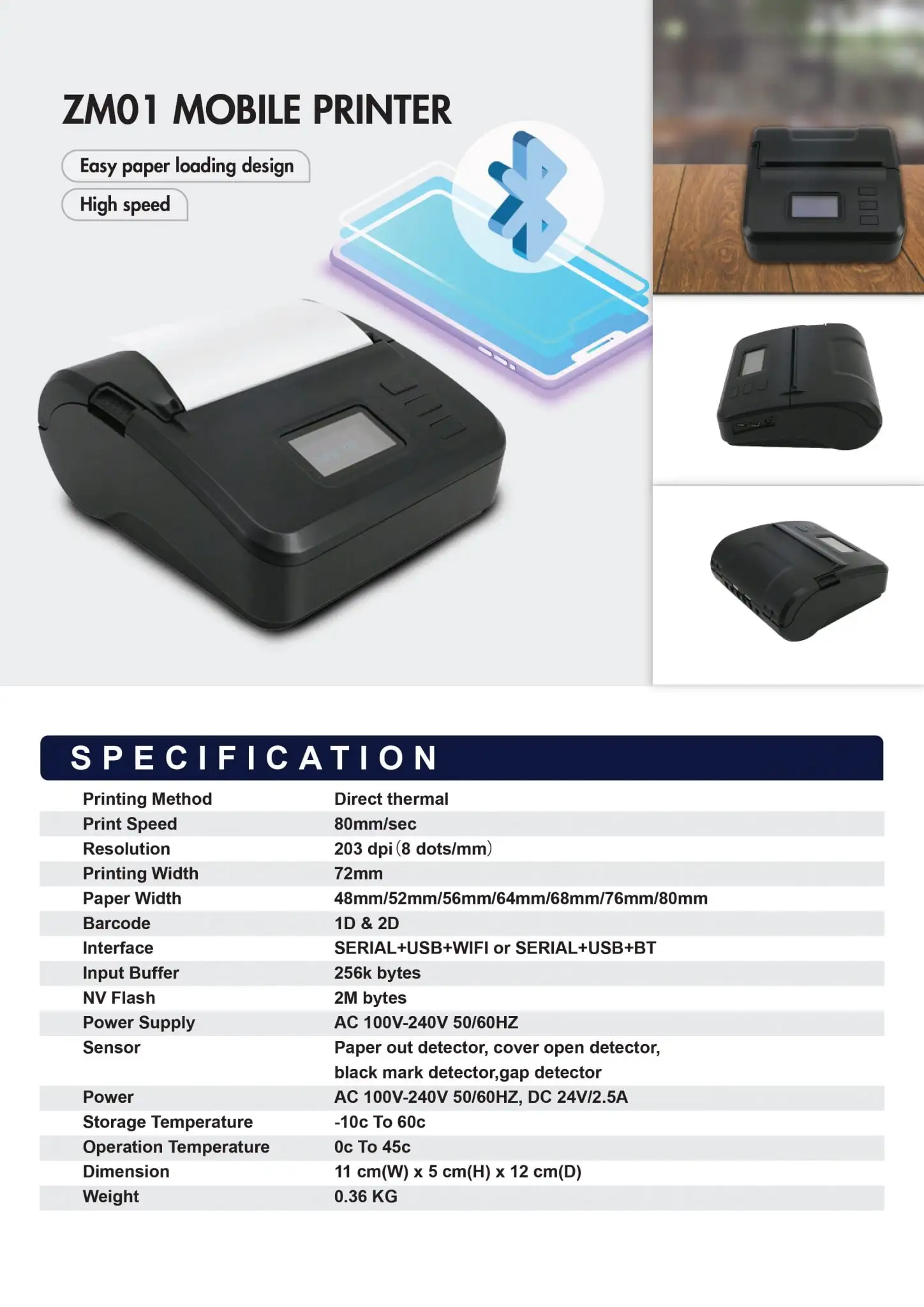 ZM01 mobile printer product specification sheet displaying easy paper loading design and high-speed printing features