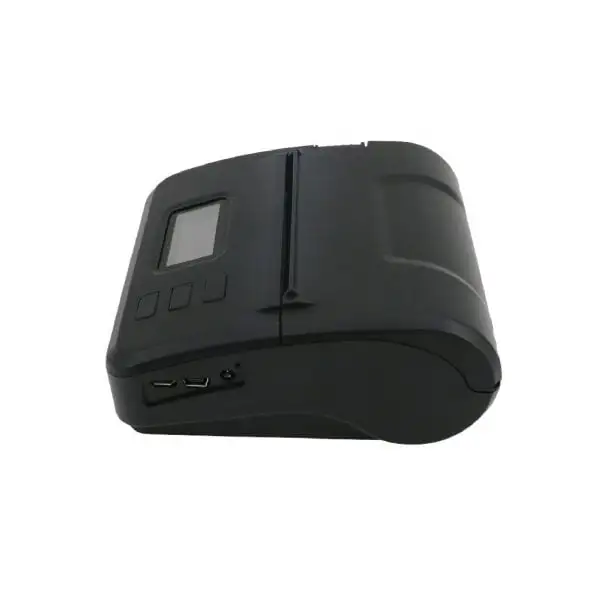 ZYWELL-ZM01-bluetooth-Pos-Printer3 Compact mobile thermal printer showing side profile with digital screen and streamlined design for portable use