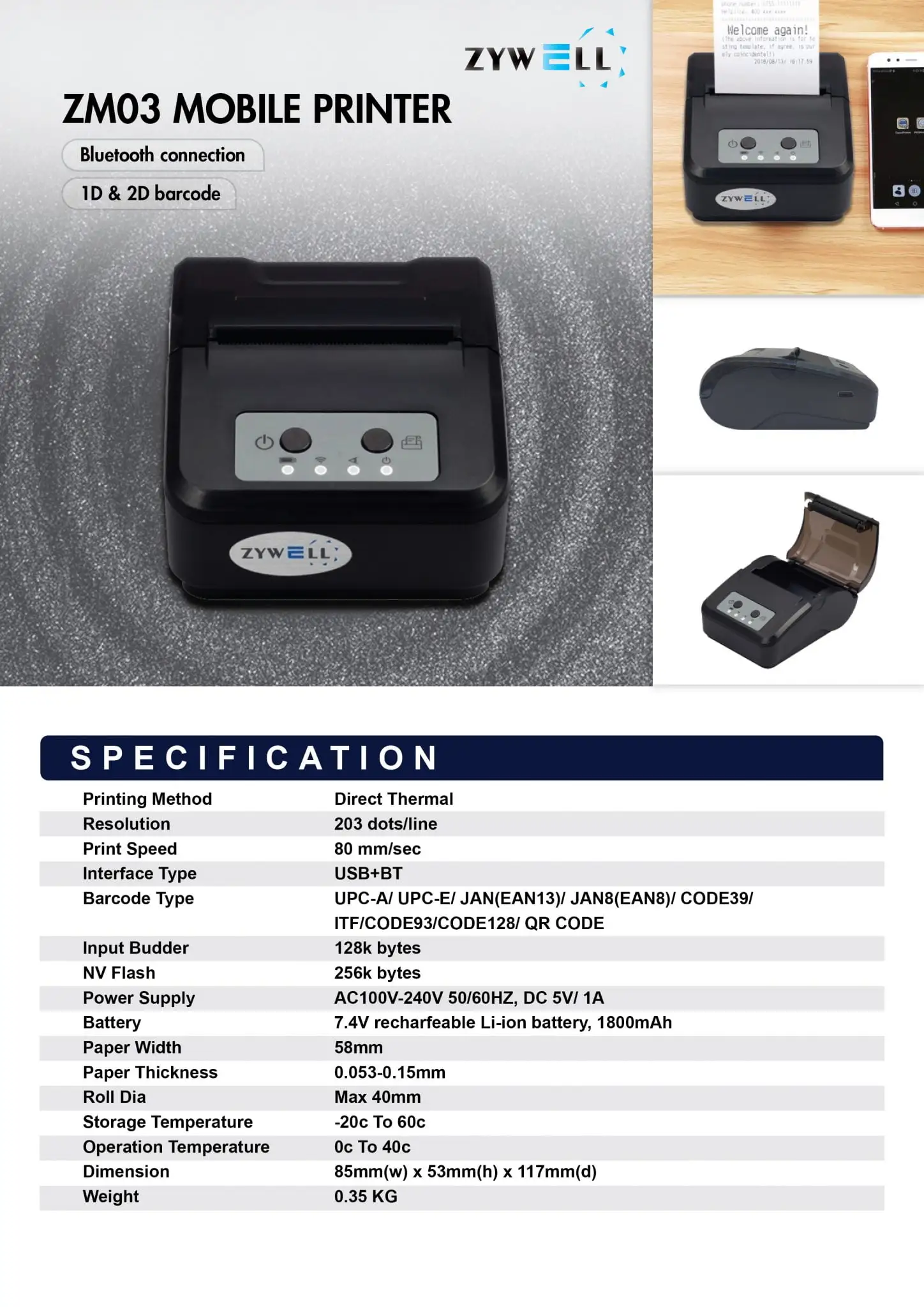 ZYWELL ZM03 mobile printer product specification sheet displaying Bluetooth connectivity and barcode printing features
