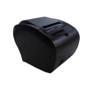 Black thermal receipt printer three-quarter view displaying curved design and paper loading mechanism
