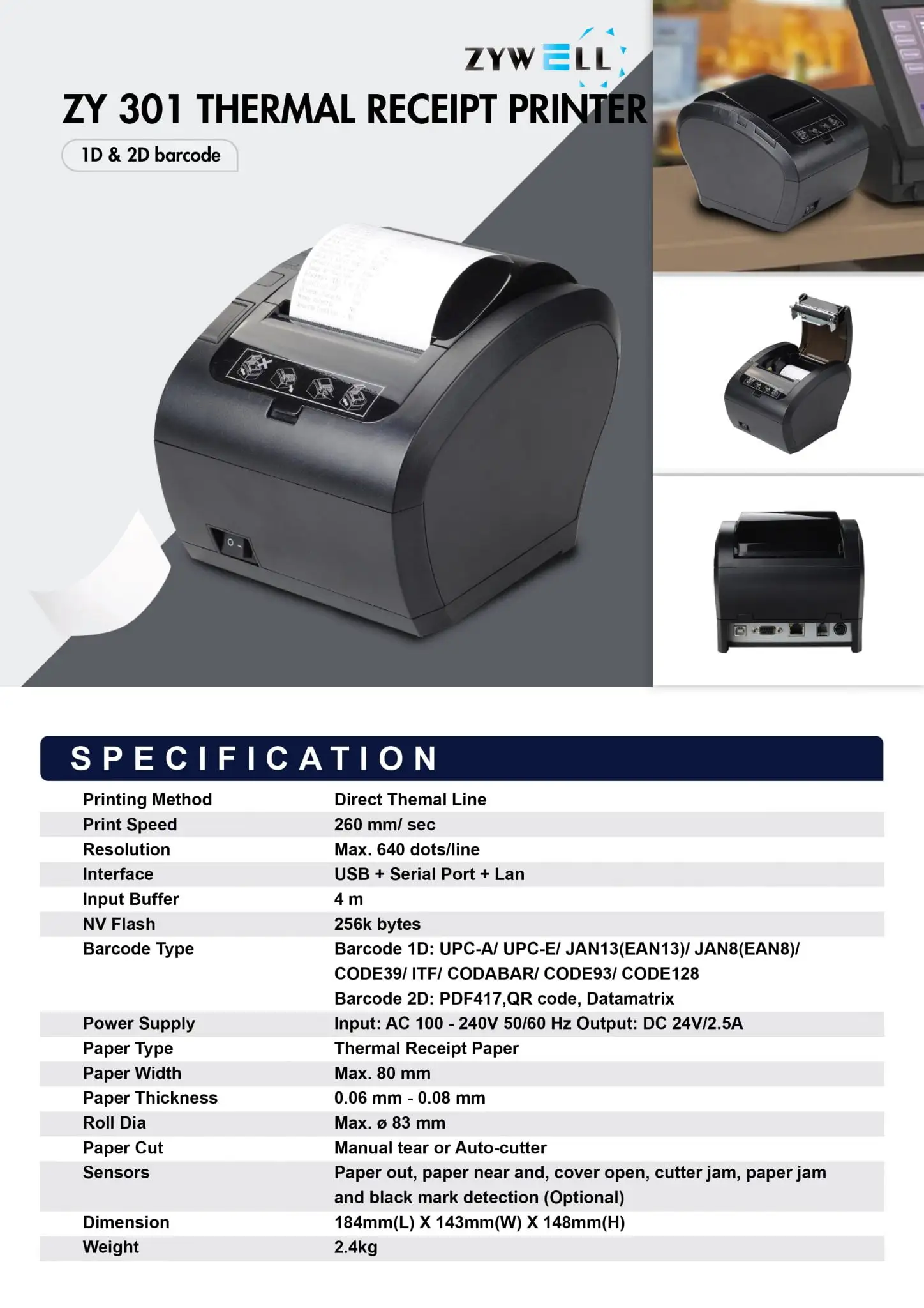 ZYWELL ZY301 thermal receipt printer product specification sheet displaying barcode printing and technical features