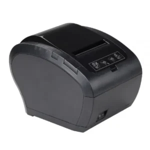 Black thermal receipt printer front angle view with control buttons and paper exit slot