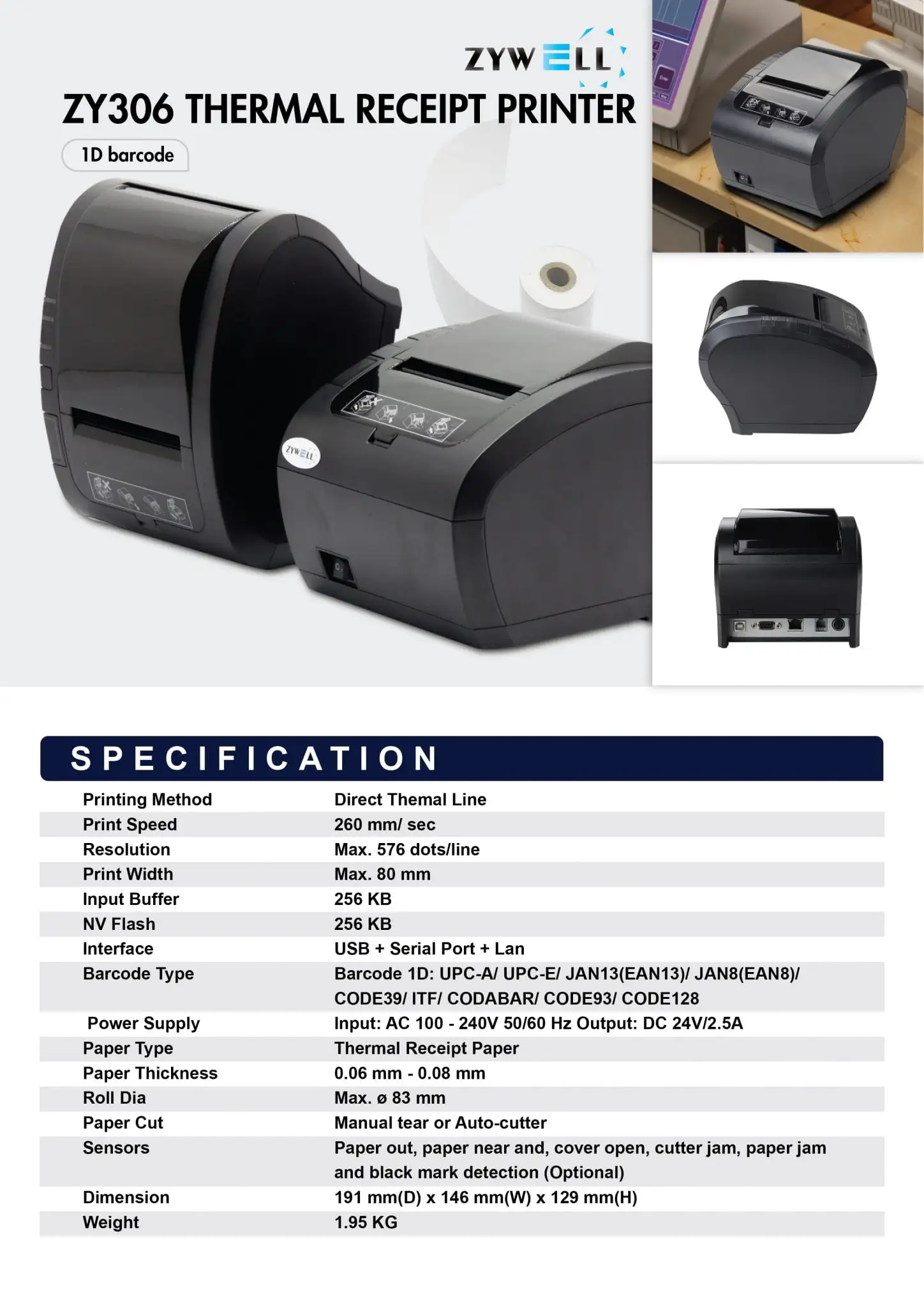 Advanced POS printer product catalog featuring ZY306 model with complete technical specifications and feature overview