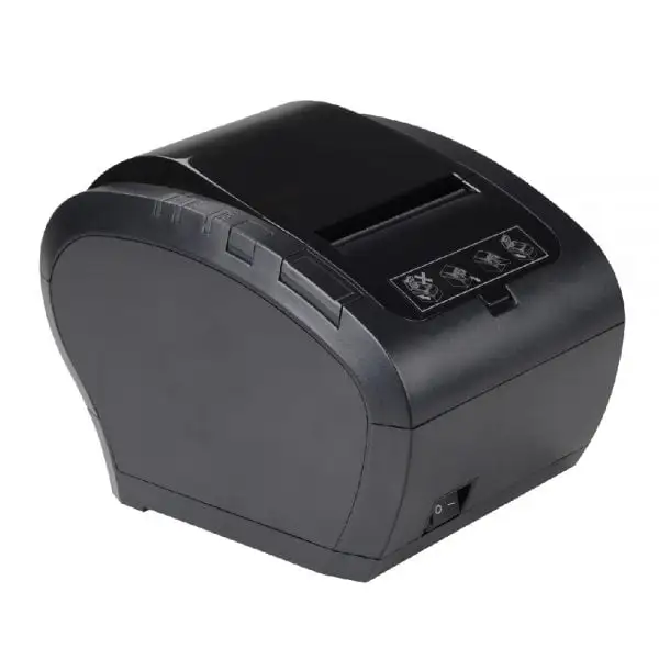 ZYWELL-ZY306-Pos-Printer Black thermal receipt printer front angle view with control buttons and paper exit slot