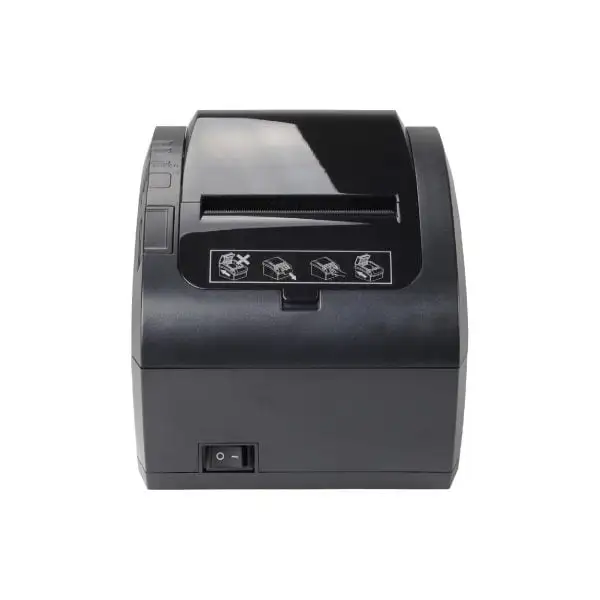 ZYWELL-ZY306-Pos-Printer2jpg Black thermal receipt printer front view showing paper output mechanism and control button panel design