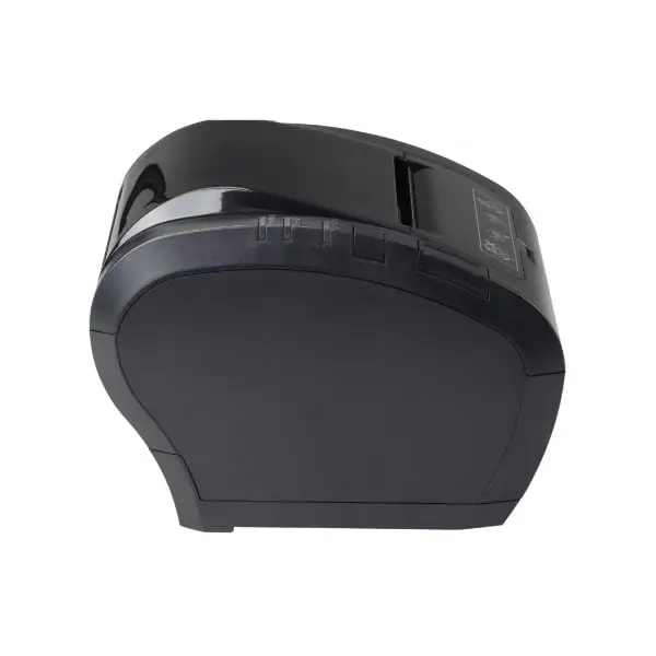ZYWELL-ZY306-Pos-Printer3 Black thermal receipt printer side profile view highlighting paper loading compartment and streamlined design