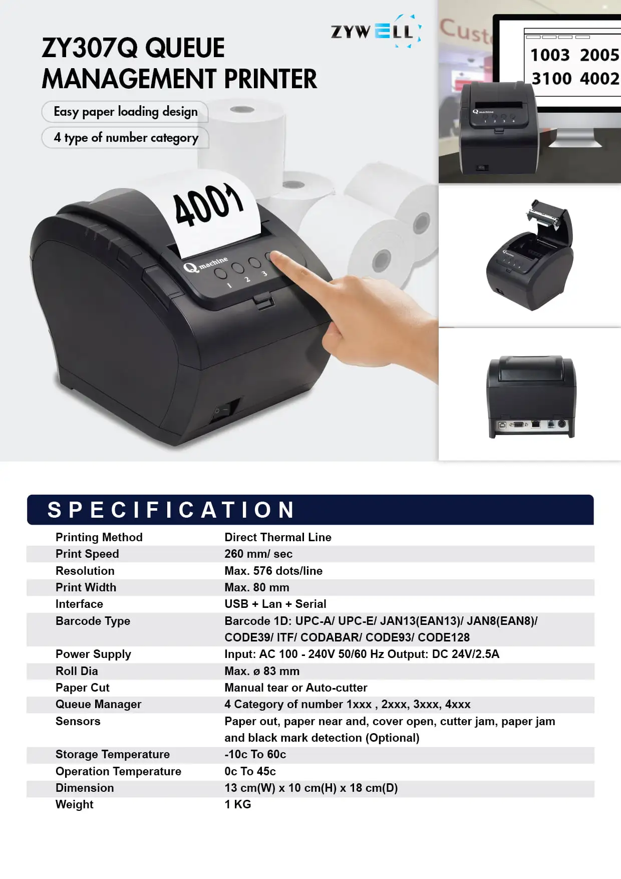 ZYWELL ZY307Q queue management printer product specification sheet with barcode capabilities and technical details