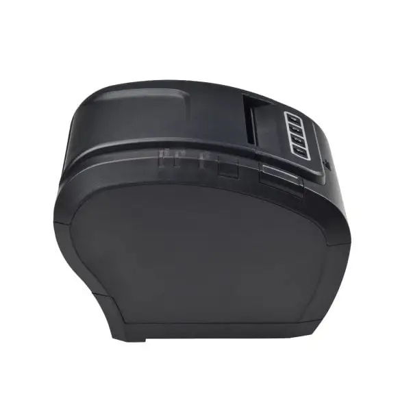 ZYWELL-ZY307-Queue-Management-Printer3 Black thermal receipt printer side profile view showing paper loading compartment and modern commercial design