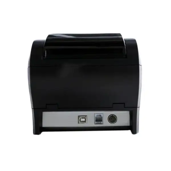 ZYWELL-ZY307-Queue-Management-Printer4 Black thermal receipt printer rear connectivity panel with serial ports for POS system integration