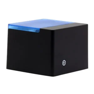 Small cubic thermal receipt printer featuring blue illuminated top panel and minimalist design for counter use