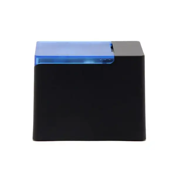 ZYWELL-ZY58Z-Pos-Printer3 Compact black thermal receipt printer with blue LED accent showing paper loading slot and modern cube design