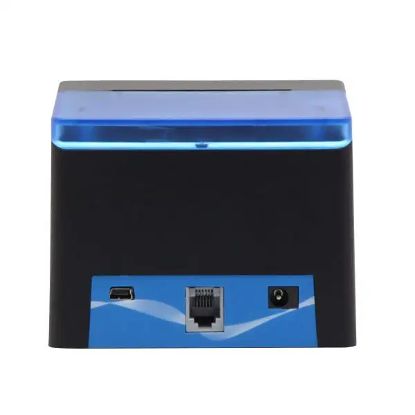 ZYWELL-ZY58Z-Pos-Printer4 Modern cube-style thermal receipt printer displaying blue accent lighting and rear connectivity panel