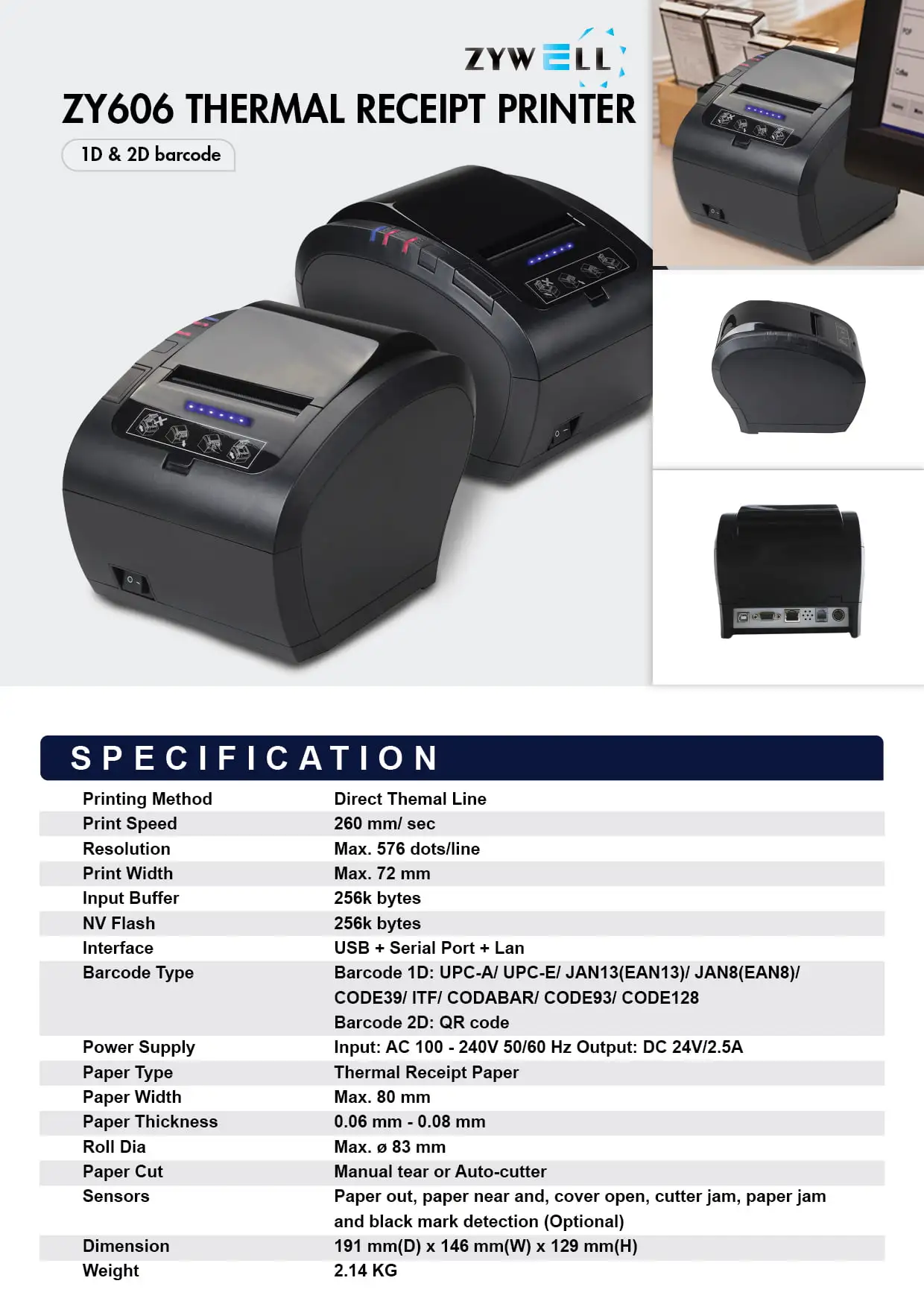ZYWELL ZY606 thermal receipt printer product specification document with barcode printing and connectivity features