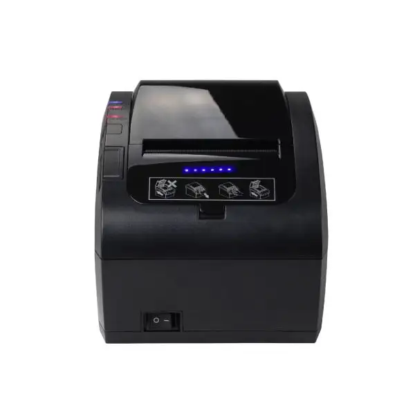 ZYWELL-ZY606-Pos-Printer2 Black thermal receipt printer front view showing blue LED status lights and paper output mechanism design