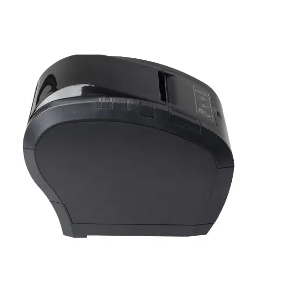 ZYWELL-ZY606-Pos-Printer3 Black thermal receipt printer side view highlighting paper loading compartment and streamlined commercial profile