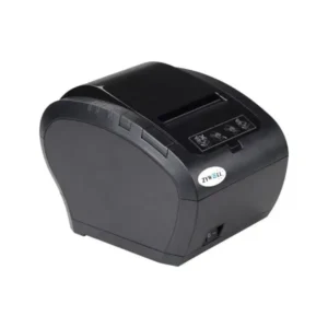 Black ZYWELL thermal receipt printer front angle view with control panel and paper exit slot for retail use