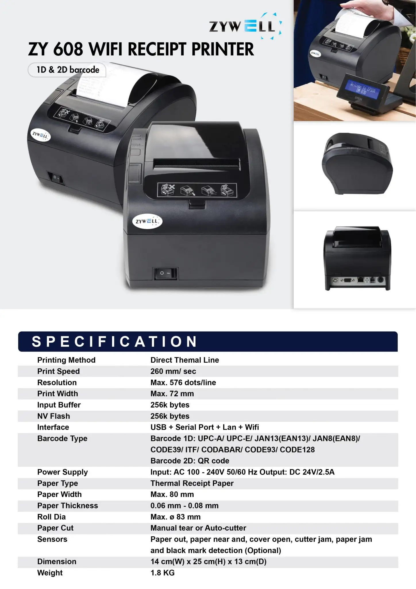 ZYWELL ZY608 WiFi receipt printer specification sheet displaying wireless connectivity and barcode printing capabilities
