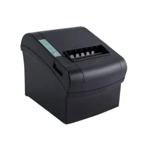 Modern thermal receipt printer showing angled perspective with visible paper feed and compact commercial design