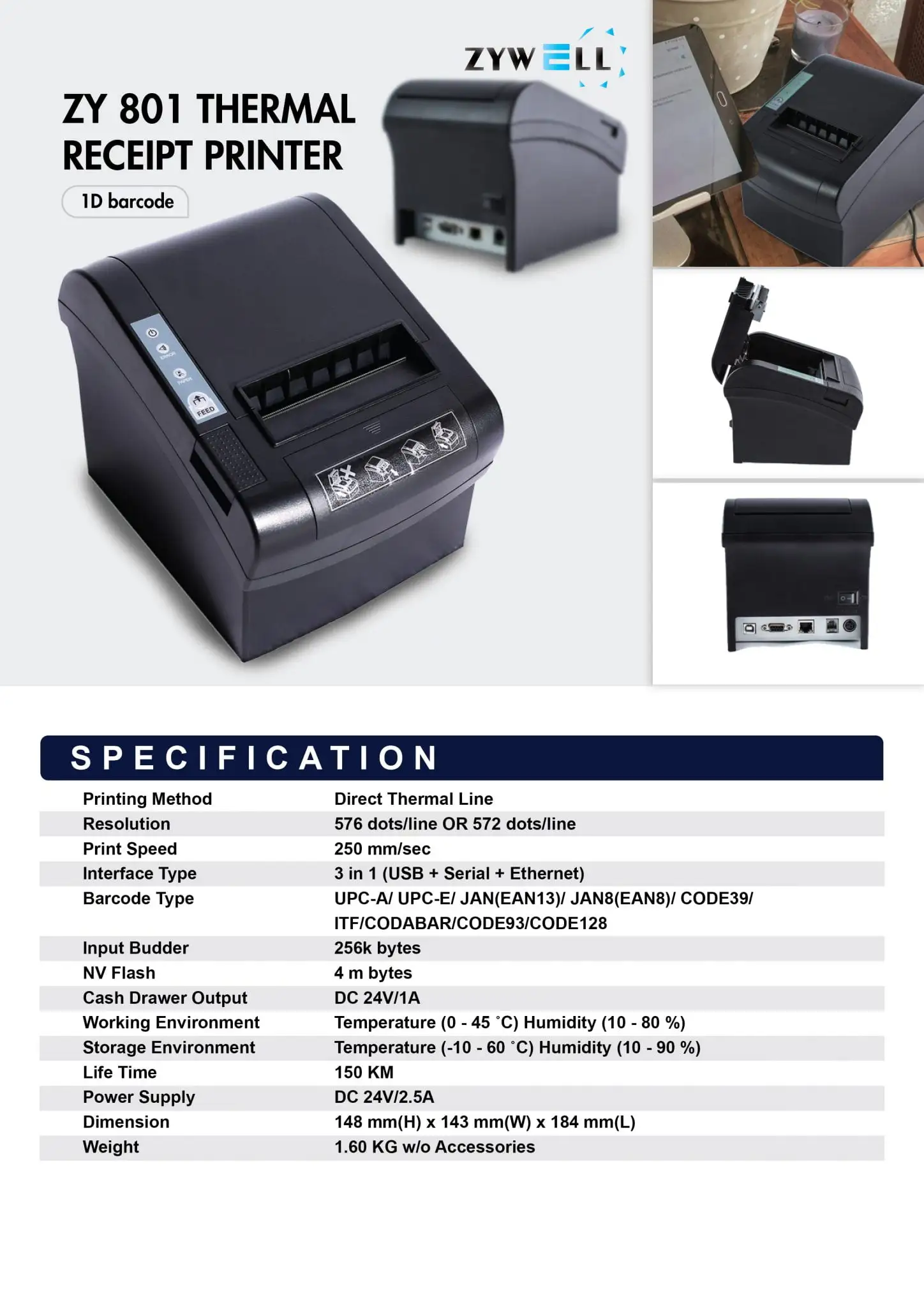 YWELL ZY801 thermal receipt printer specification document showing barcode printing features and technical details