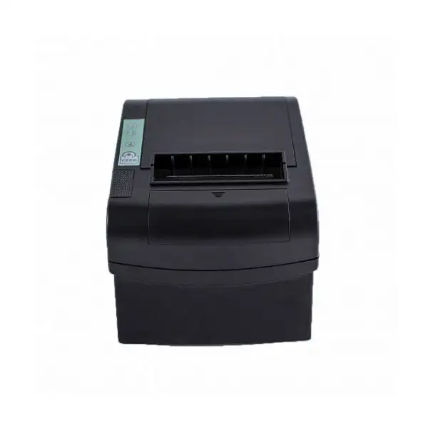 ZYWELL-ZY801-Pos-Printer2 Black thermal receipt printer front view with status LED panel and paper output slot for POS systems