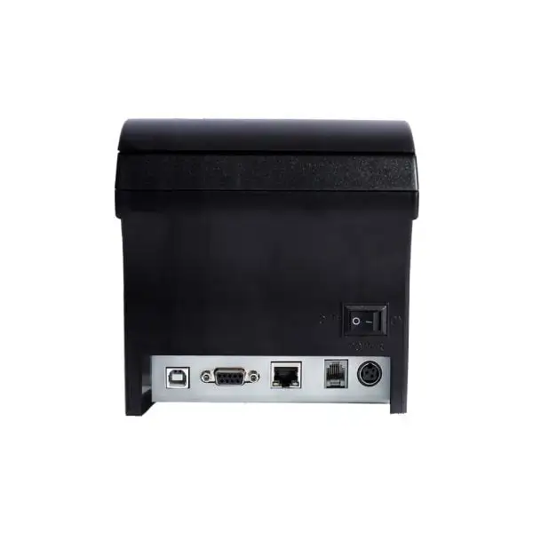 ZYWELL-ZY801-Pos-Printer4 Black thermal receipt printer rear panel showing comprehensive connectivity ports for versatile POS system setup