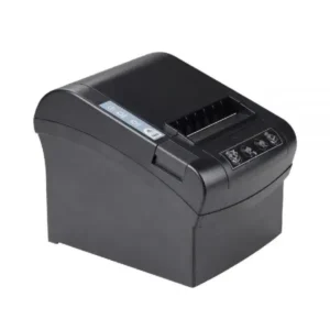 Compact thermal receipt printer displaying front control panel and paper output mechanism for retail environments