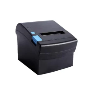 Black thermal receipt POS printer with blue control buttons and paper slot for retail checkout systems