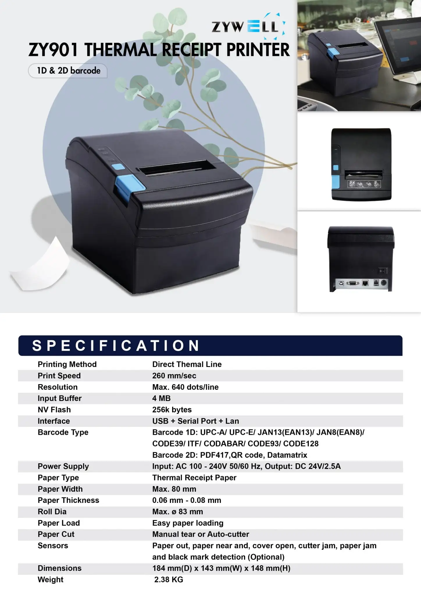 ZY901 thermal receipt POS printer featuring 1D and 2D barcode capability with detailed technical specifications