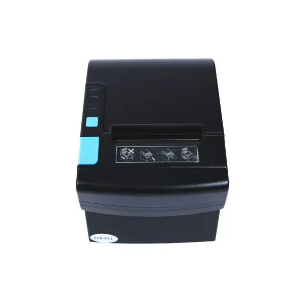 ZYWELL-ZY901-Pos-Printer2 Front view of black thermal POS printer showing paper feed slot and status indicator icons for operation