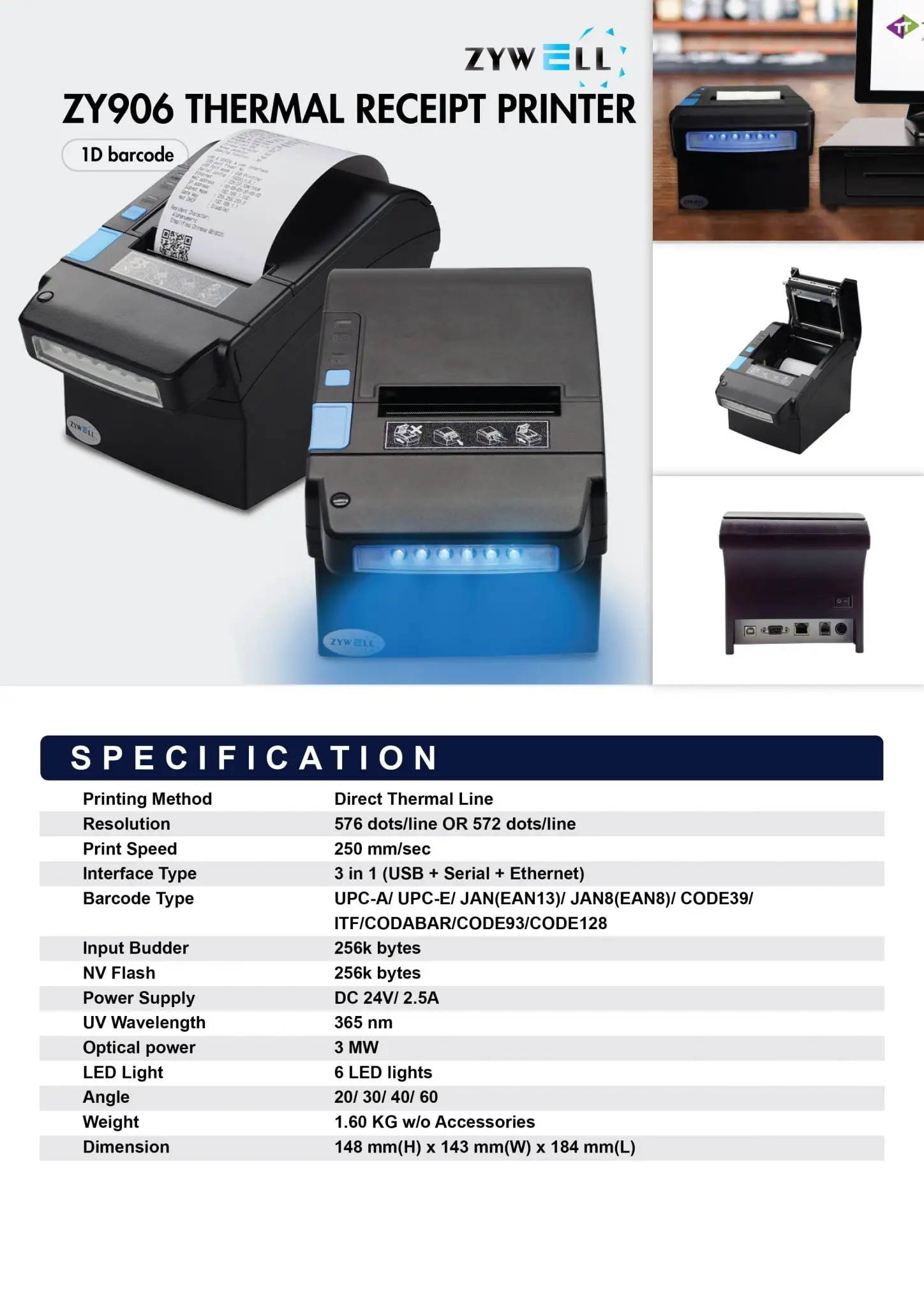 ZY906 thermal receipt POS printer featuring LED lights and comprehensive technical specifications