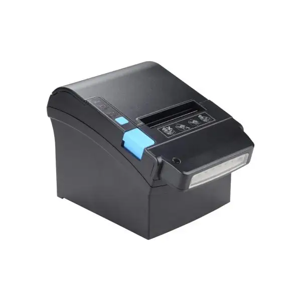 ZYWELL-ZY906-Pos-Printer Angled view of thermal POS printer with blue accent buttons and paper exit slot for receipt printing