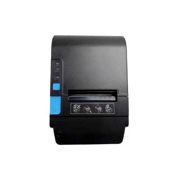 ZYWELL-ZY906-Pos-Printer2 Front view of black thermal POS printer showing paper feed slot and status indicator icons for operation