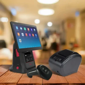 KK Pos System hardware featuring touchscreen terminal, barcode scanner and receipt printer on wooden counter for efficient retail transactions