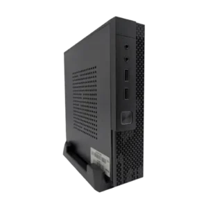 Compact mini PC with ventilated case design, multiple USB ports and power button, perfect for powering digital signage and retail management systems in small spaces